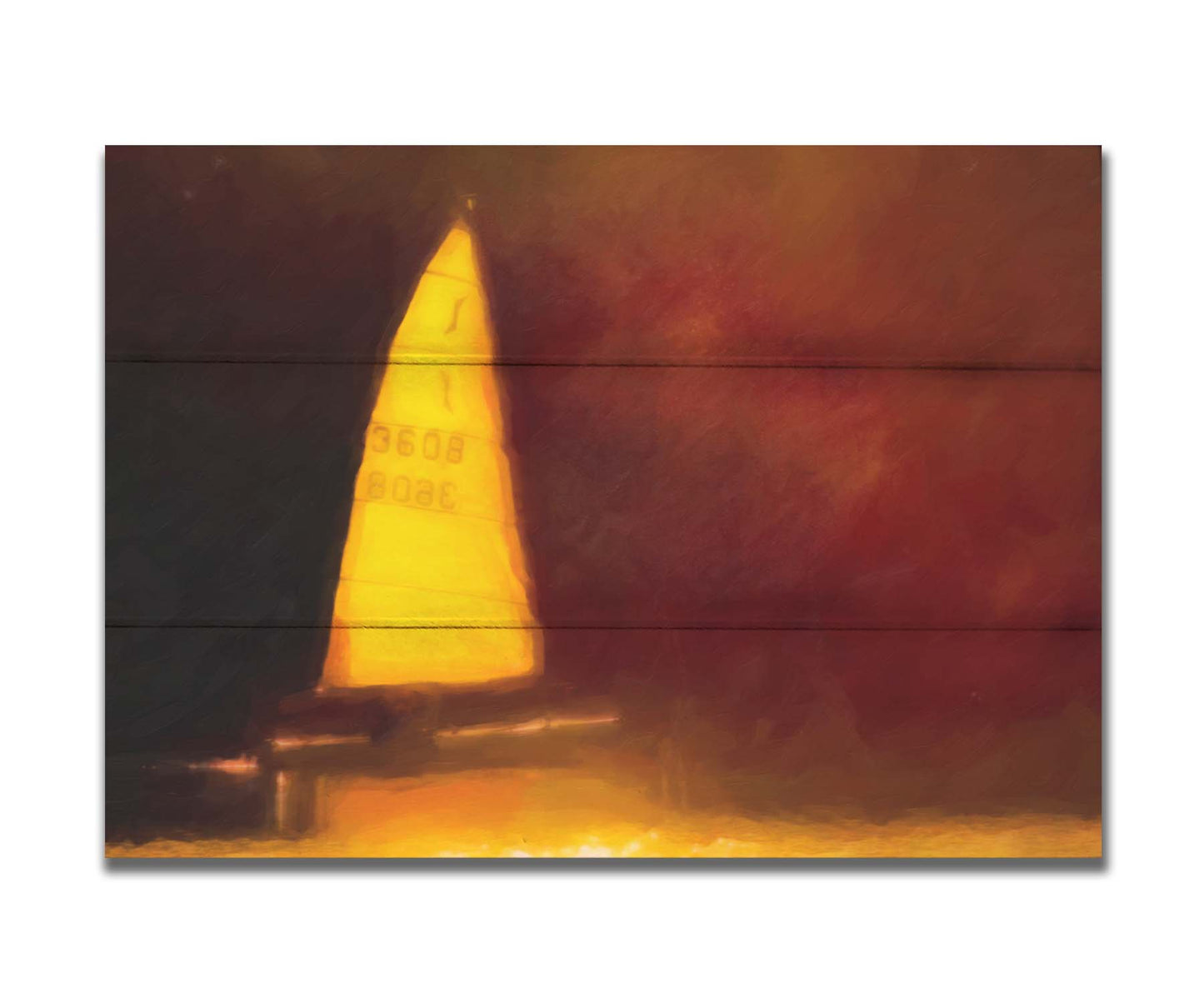 An edited photograph of a sailboat on the water, surrounded by a rusty red and bright yellow color palette, with an added painterly texture. Printed on a box board.