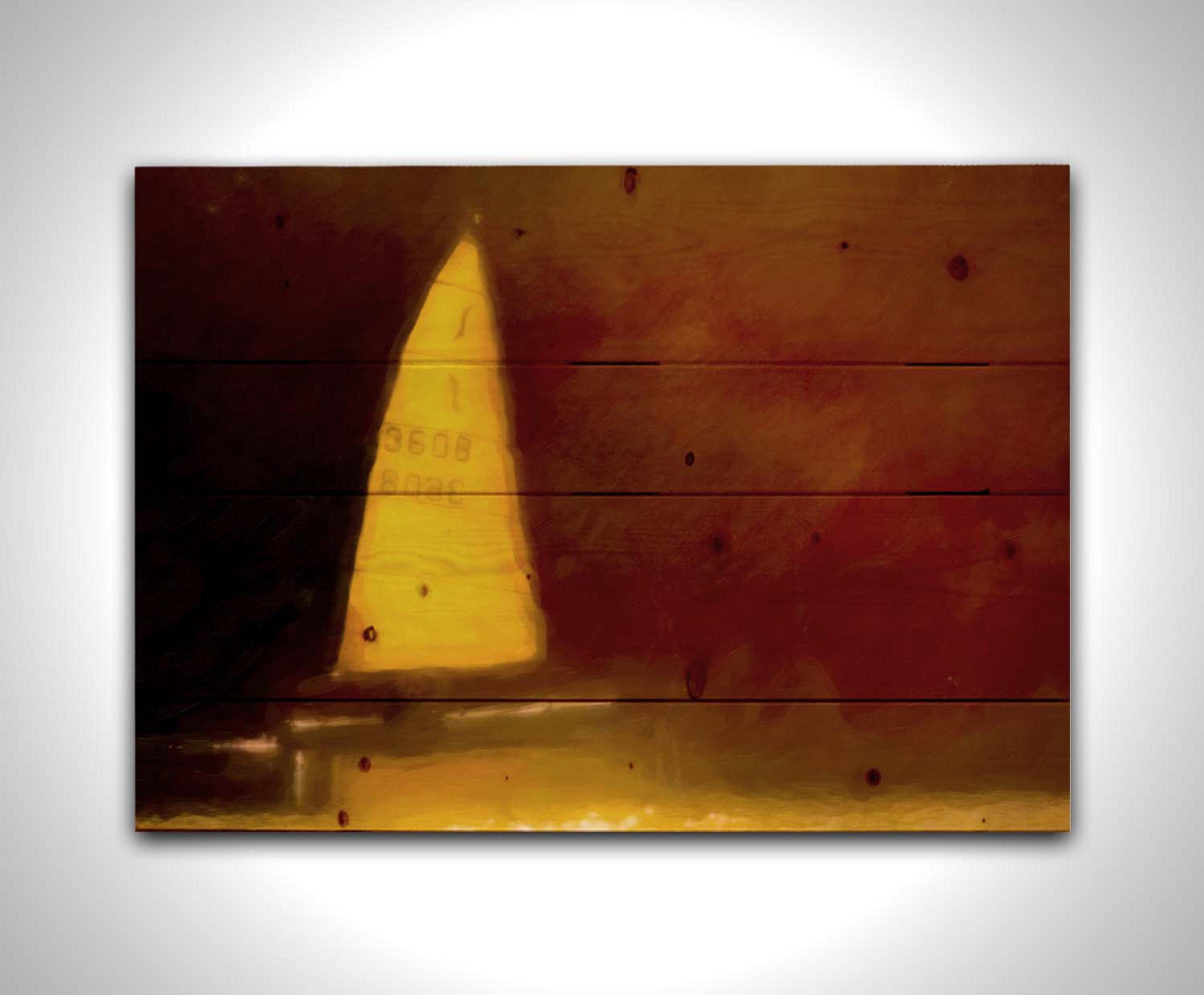 An edited photograph of a sailboat on the water, surrounded by a rusty red and bright yellow color palette, with an added painterly texture. Printed on a wood pallet.