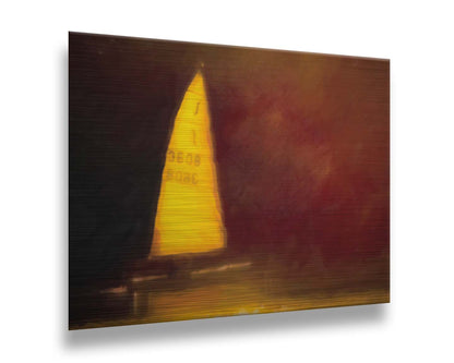 An edited photograph of a sailboat on the water, surrounded by a rusty red and bright yellow color palette, with an added painterly texture. Printed on metal.