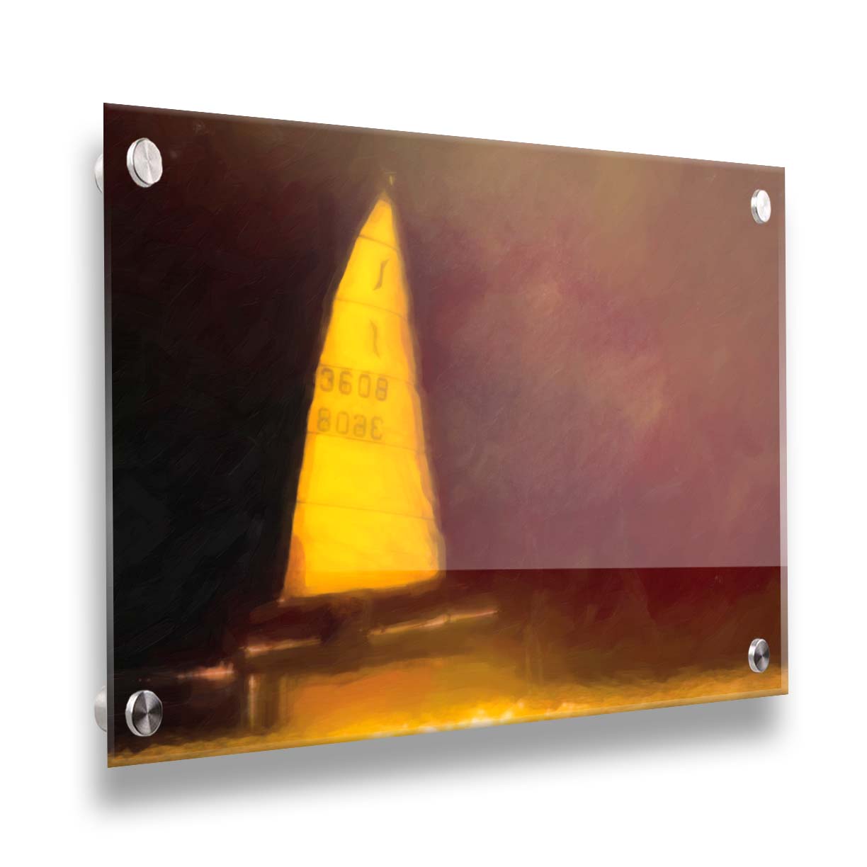 An edited photograph of a sailboat on the water, surrounded by a rusty red and bright yellow color palette, with an added painterly texture. Printed on acrylic.