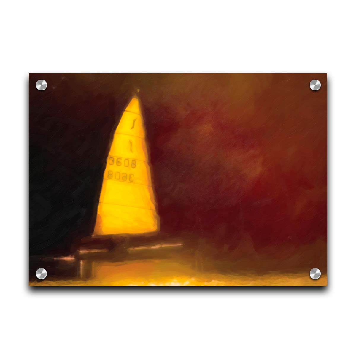 An edited photograph of a sailboat on the water, surrounded by a rusty red and bright yellow color palette, with an added painterly texture. Printed on acrylic.