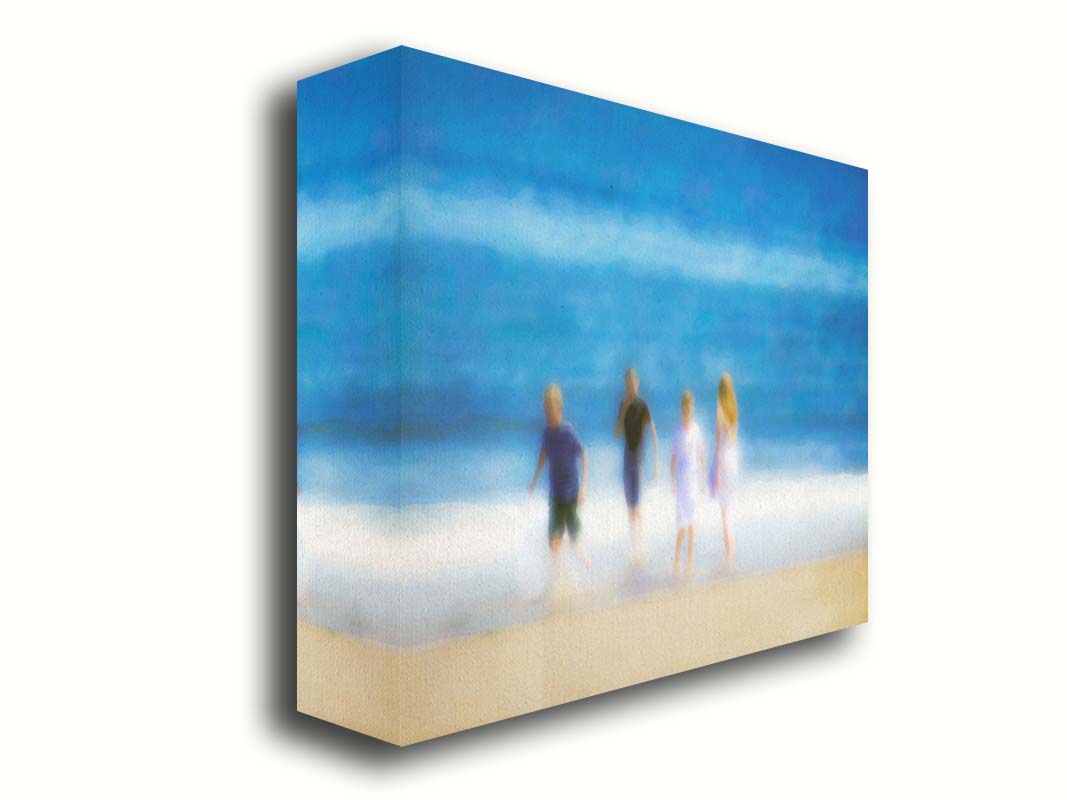 A photograph of four children walking on the beach by the water's edge. It is edited with an effect that gives it a painterly, dreamlike quality. Printed on canvas.