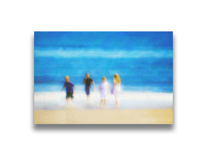 A photograph of four children walking on the beach by the water's edge. It is edited with an effect that gives it a painterly, dreamlike quality. Printed on canvas.