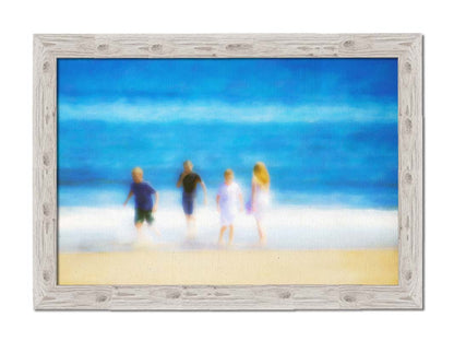 A photograph of four children walking on the beach by the water's edge. It is edited with an effect that gives it a painterly, dreamlike quality. Printed on canvas and framed.