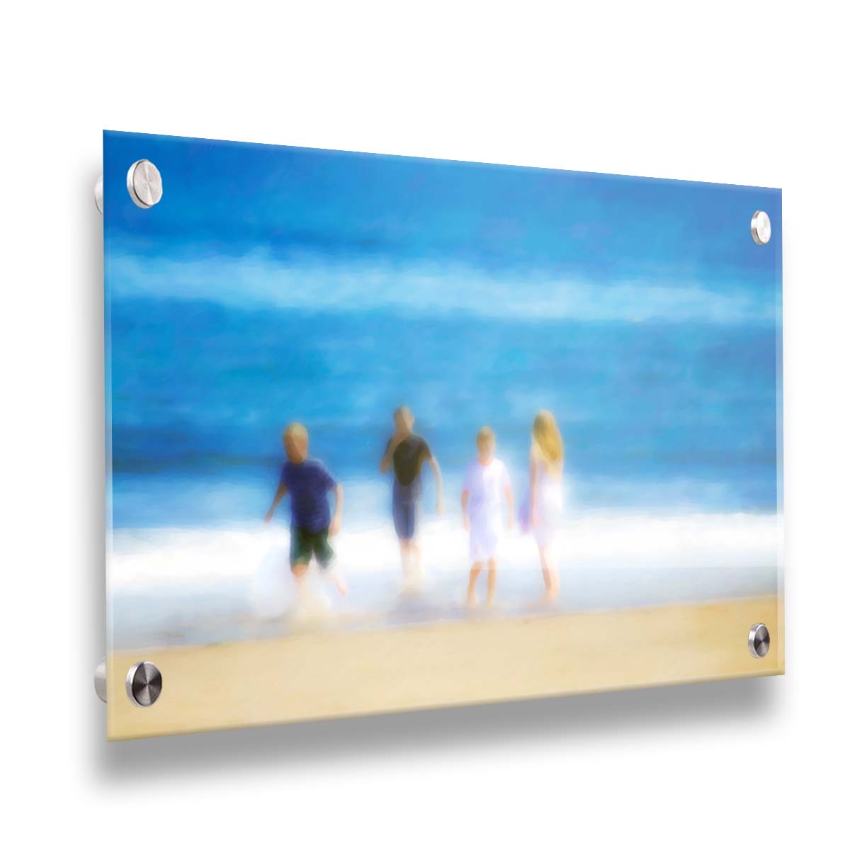 A photograph of four children walking on the beach by the water's edge. It is edited with an effect that gives it a painterly, dreamlike quality. Printed on acrylic.