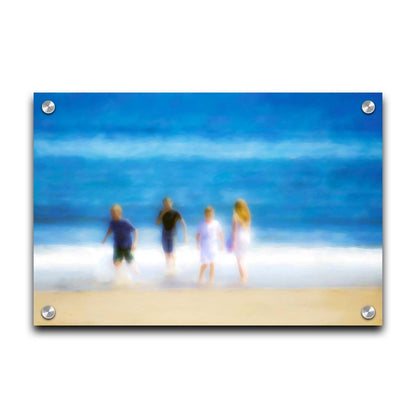 A photograph of four children walking on the beach by the water's edge. It is edited with an effect that gives it a painterly, dreamlike quality. Printed on acrylic.