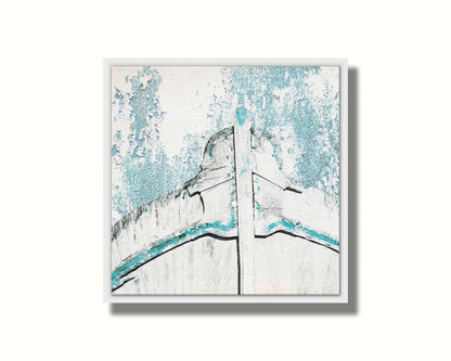 A photograph of an old boat bow in a white and turquoise palette. Printed on canvas in a float frame.