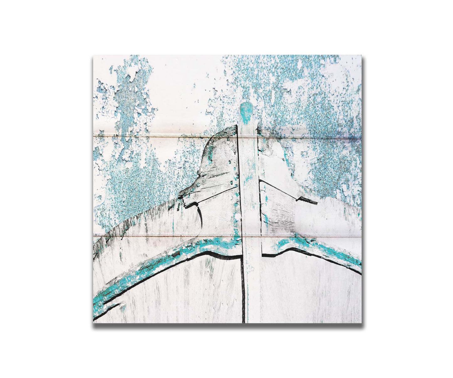 A photograph of an old boat bow in a white and turquoise palette. Printed on a box board.