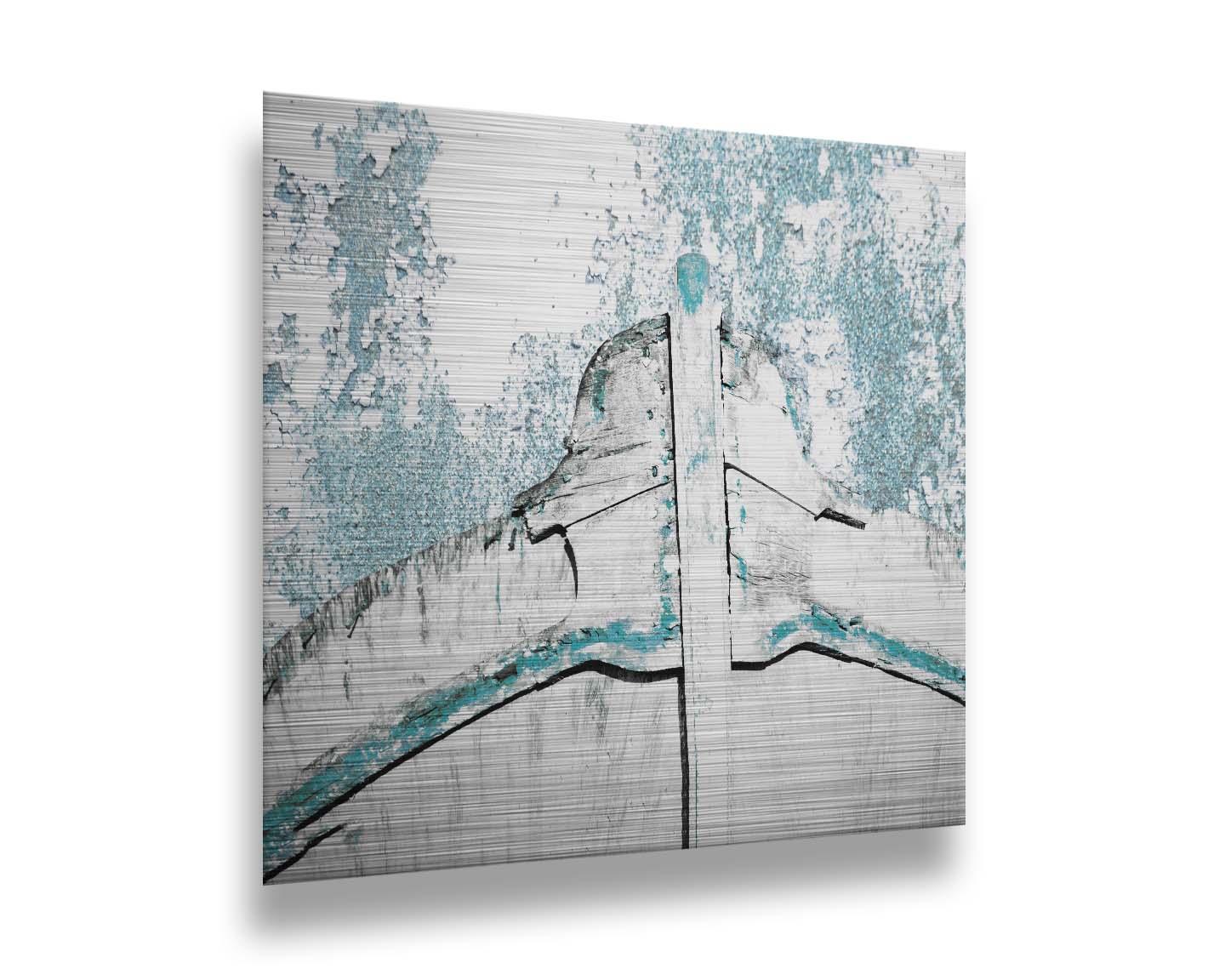 A photograph of an old boat bow in a white and turquoise palette. Printed on metal.