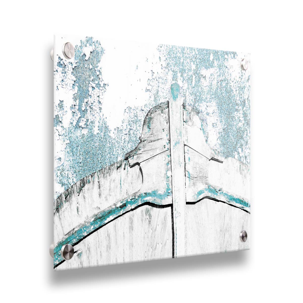 A photograph of an old boat bow in a white and turquoise palette. Printed on acrylic.