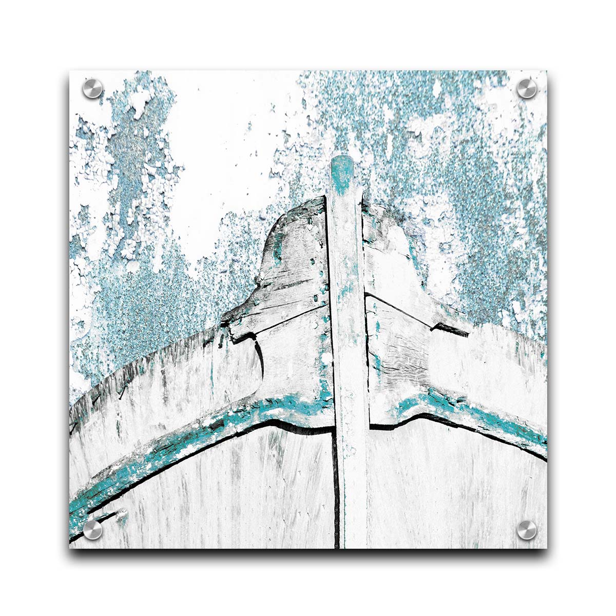 A photograph of an old boat bow in a white and turquoise palette. Printed on acrylic.