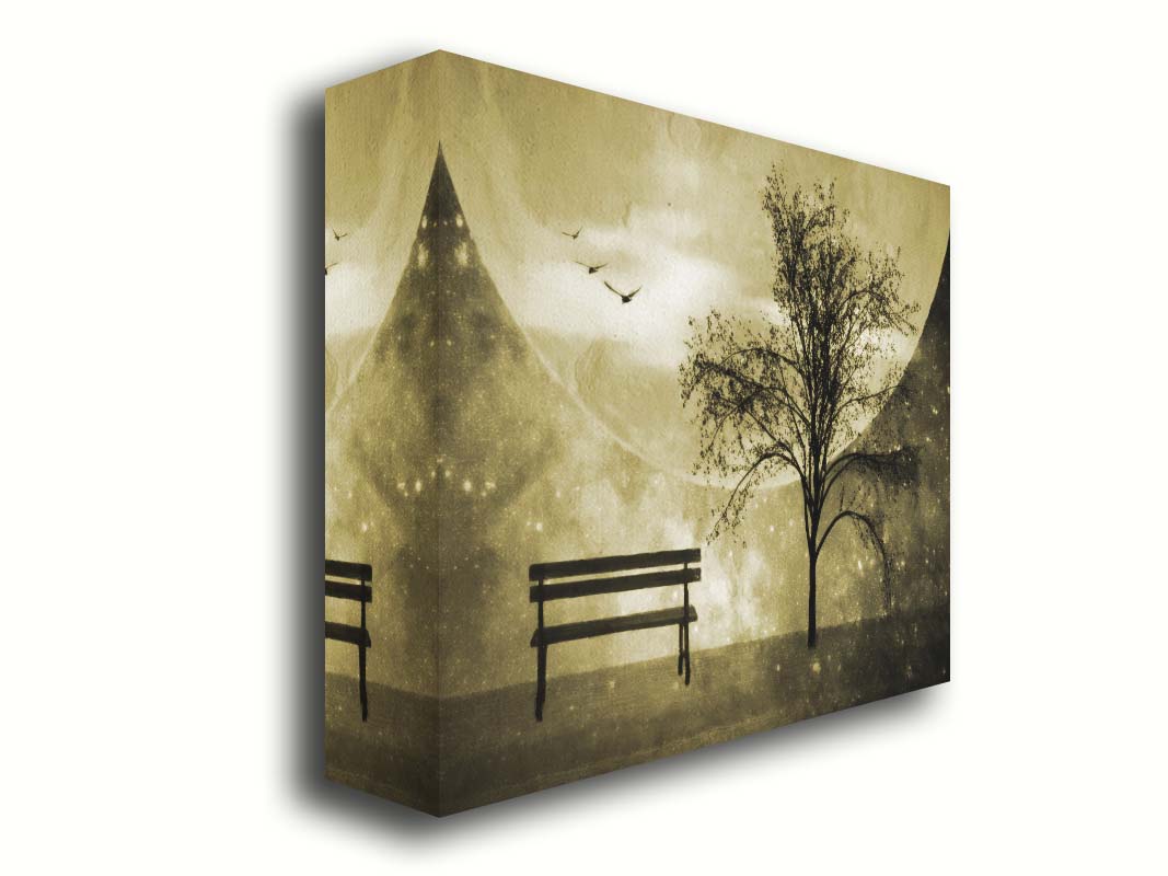 A photo edit of birds flying by a bench and tree in a starry night, with a sepia tone. Printed on canvas.