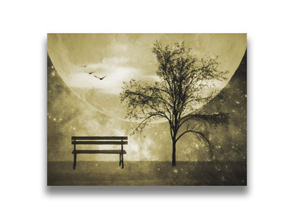 A photo edit of birds flying by a bench and tree in a starry night, with a sepia tone. Printed on canvas.