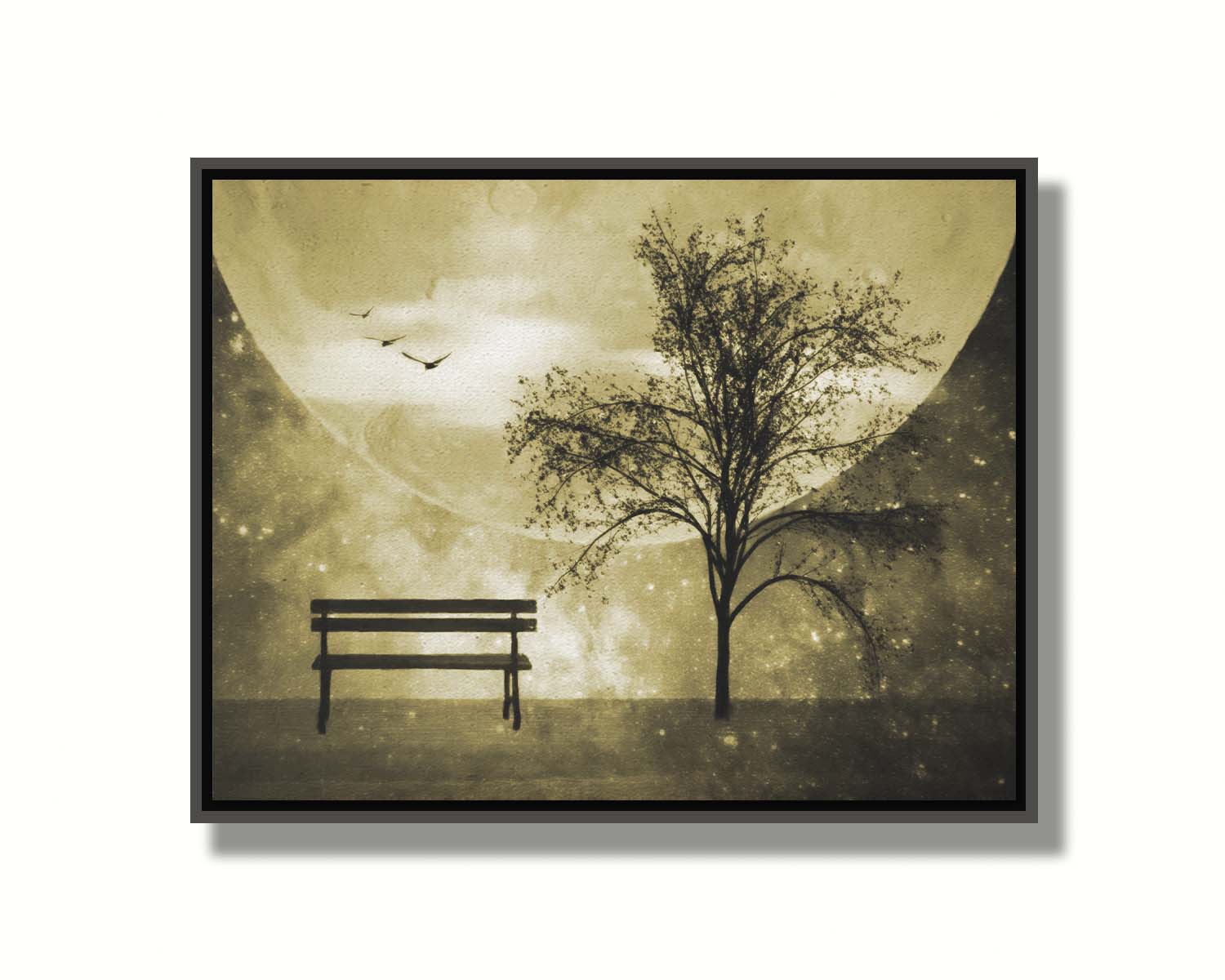 A photo edit of birds flying by a bench and tree in a starry night, with a sepia tone. Printed on canvas in a float frame.