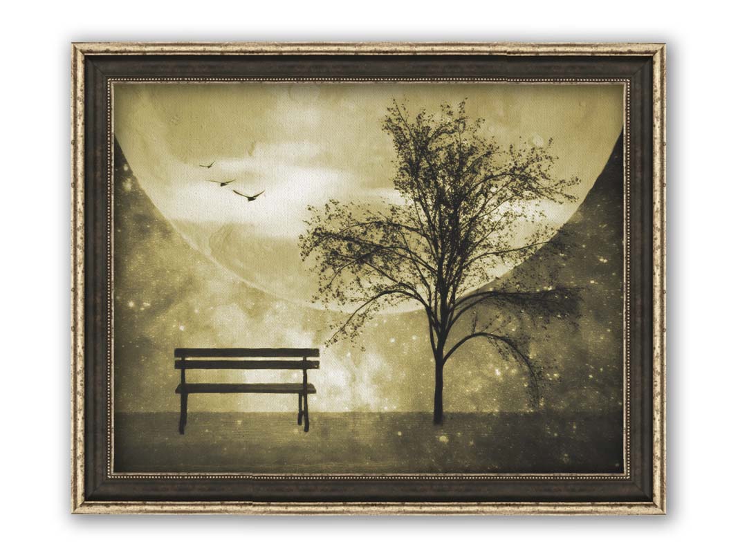 A photo edit of birds flying by a bench and tree in a starry night, with a sepia tone. Printed on canvas and famed.