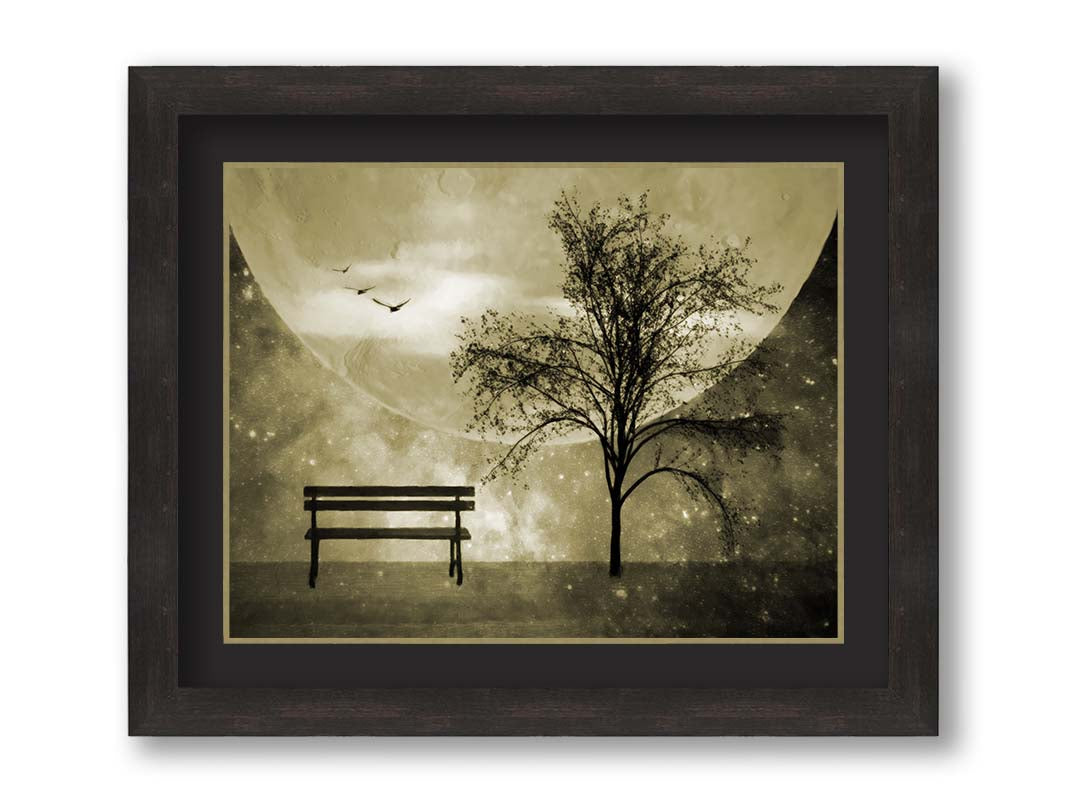 A photo edit of birds flying by a bench and tree in a starry night, with a sepia tone. Printed on paper, matted, and framed.