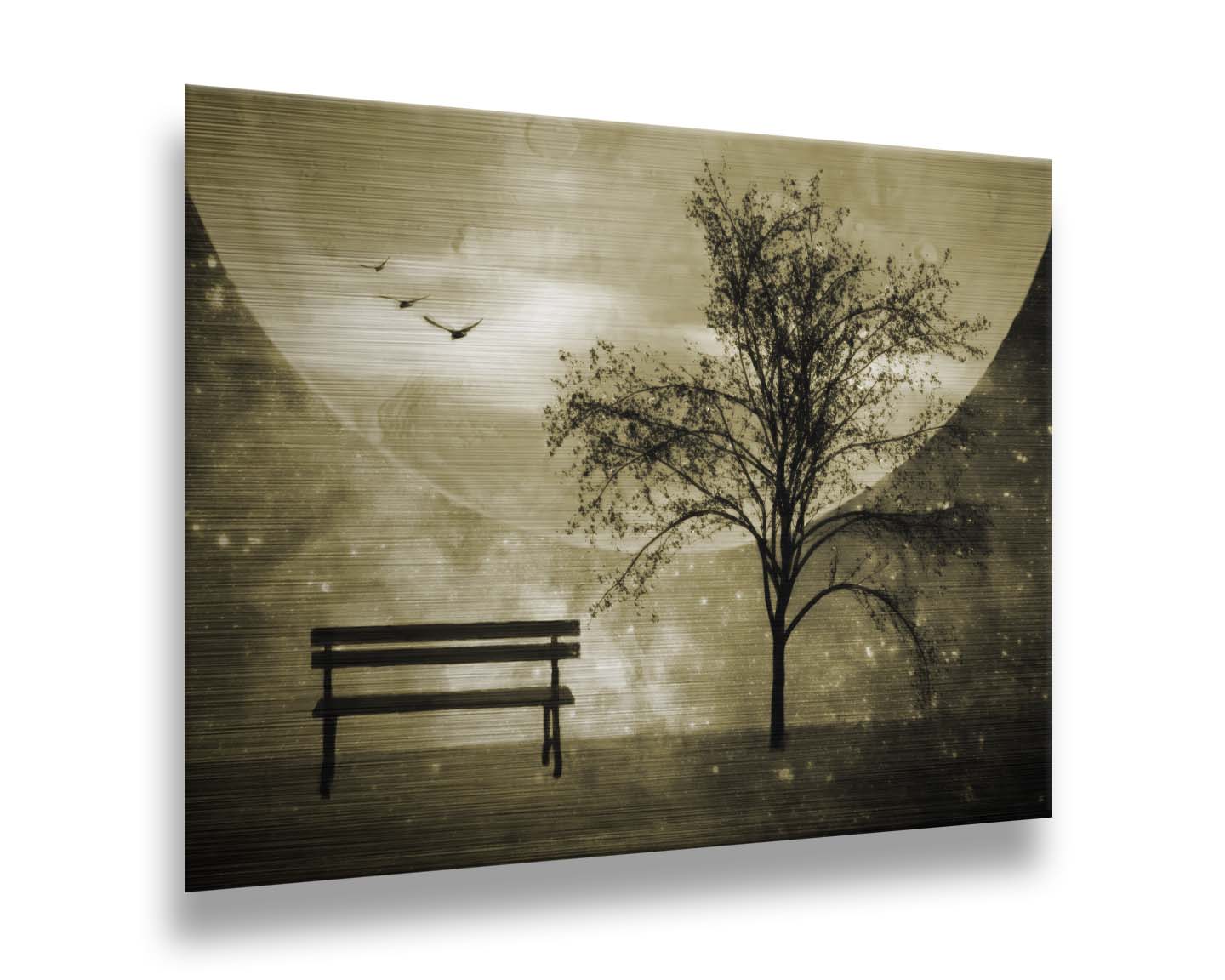 A photo edit of birds flying by a bench and tree in a starry night, with a sepia tone. Printed on metal.