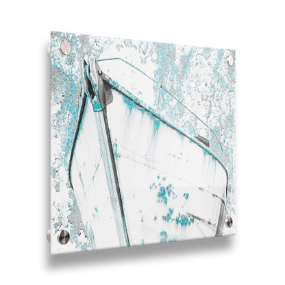 A photograph of an old boat in a white and turquoise palette. Printed on acrylic.