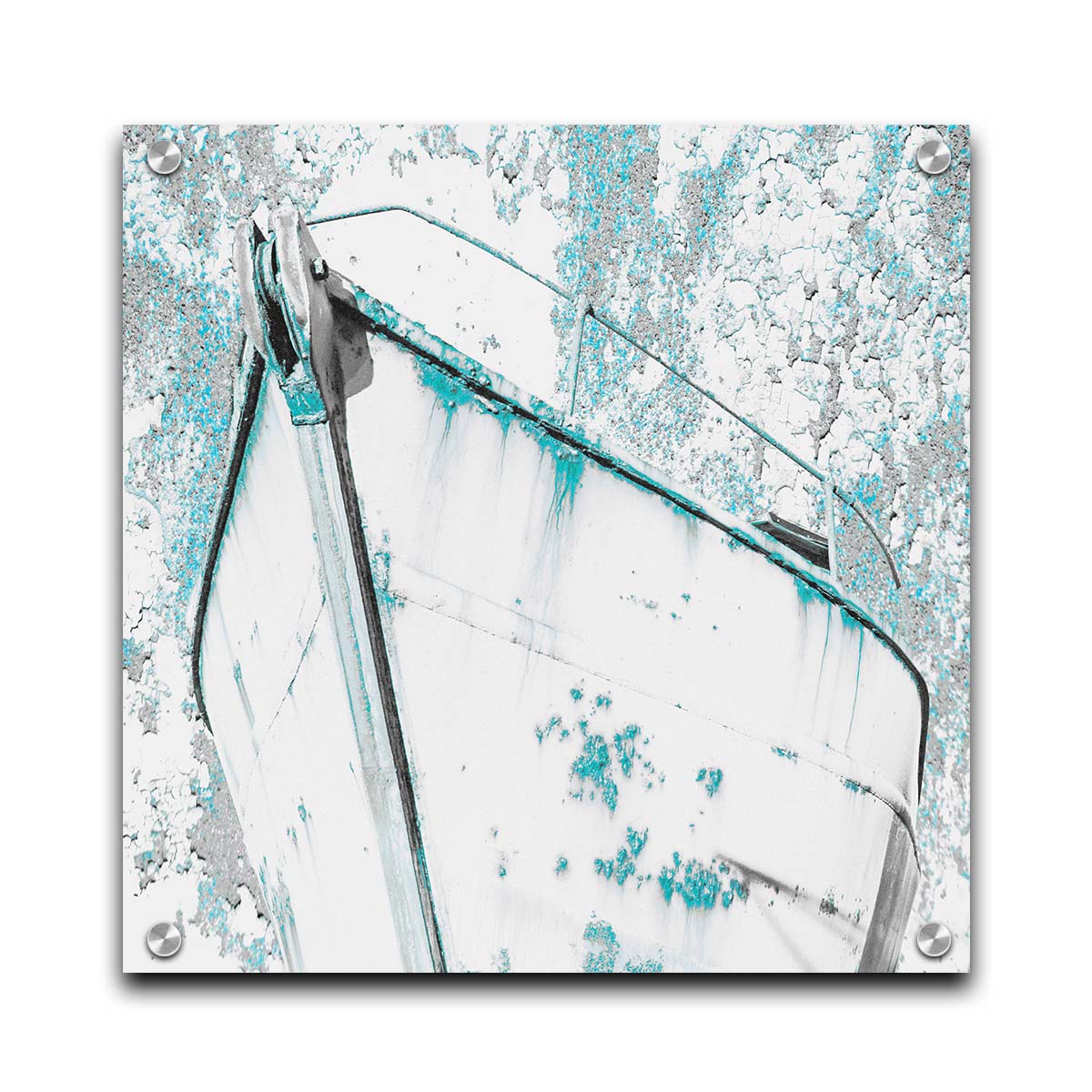 A photograph of an old boat in a white and turquoise palette. Printed on acrylic.