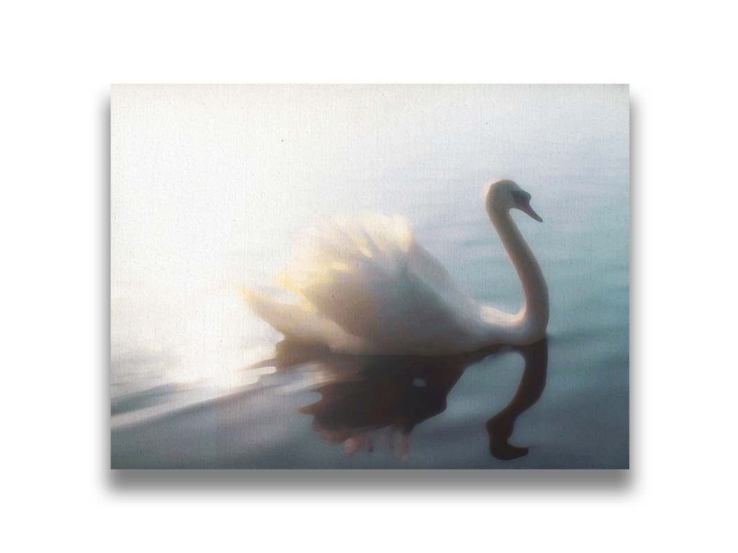 A photograph of a swan swimming across the water. Sunlight reflects strongly on the surrounding water, creating a glow. The photo is edited with a painterly appearance. Printed on canvas.