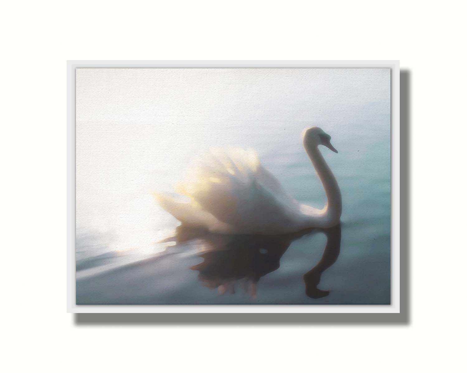 A photograph of a swan swimming across the water. Sunlight reflects strongly on the surrounding water, creating a glow. The photo is edited with a painterly appearance. Printed on canvas in a float frame.