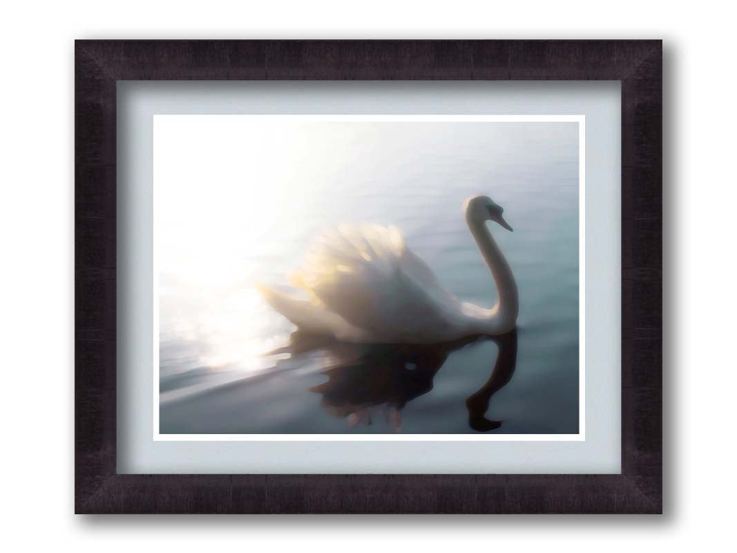 A photograph of a swan swimming across the water. Sunlight reflects strongly on the surrounding water, creating a glow. The photo is edited with a painterly appearance. Printed on paper, matted, and framed.