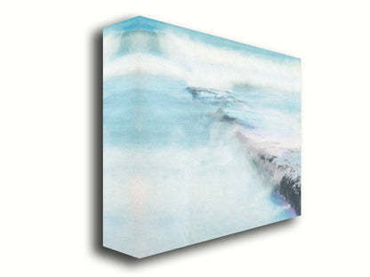 A photograph of a battered jetty being washed over by incoming waves in a cool, white and blue palette. Printed on canvas.