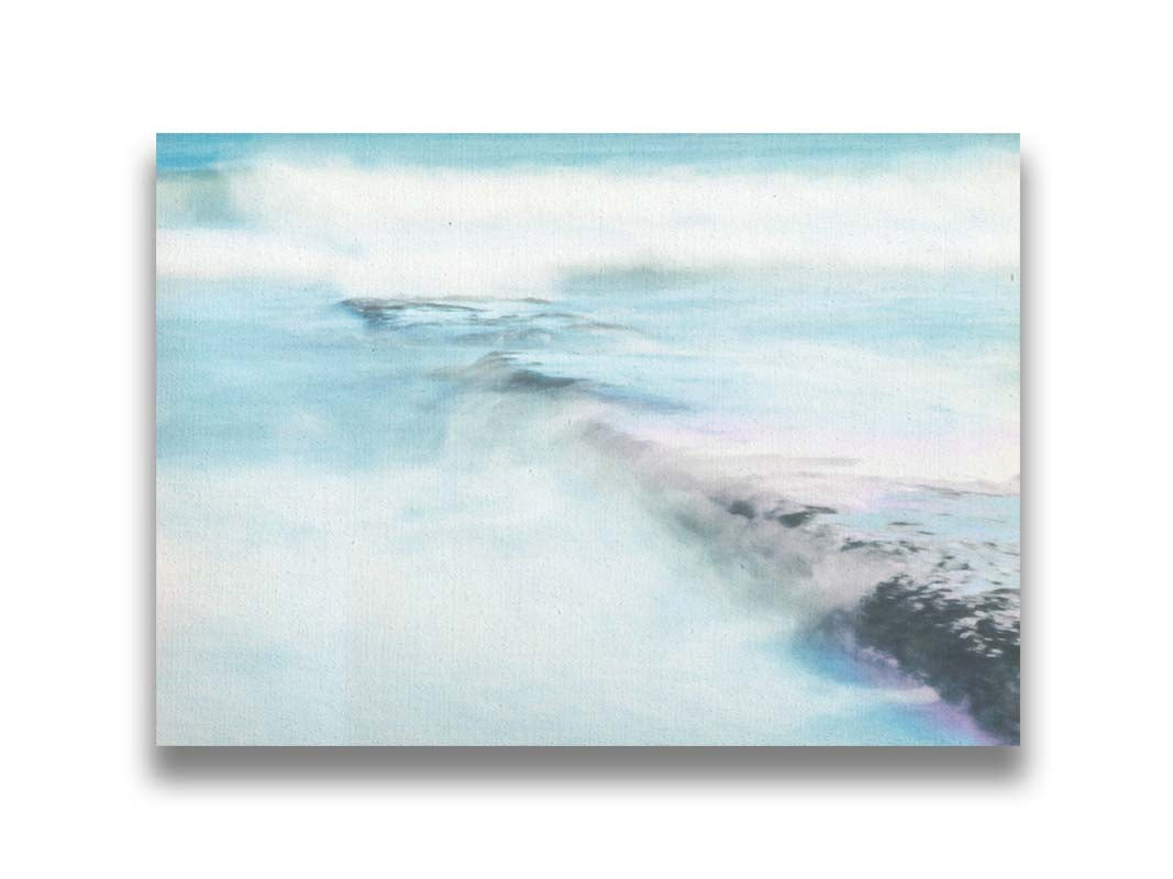 A photograph of a battered jetty being washed over by incoming waves in a cool, white and blue palette. Printed on canvas.