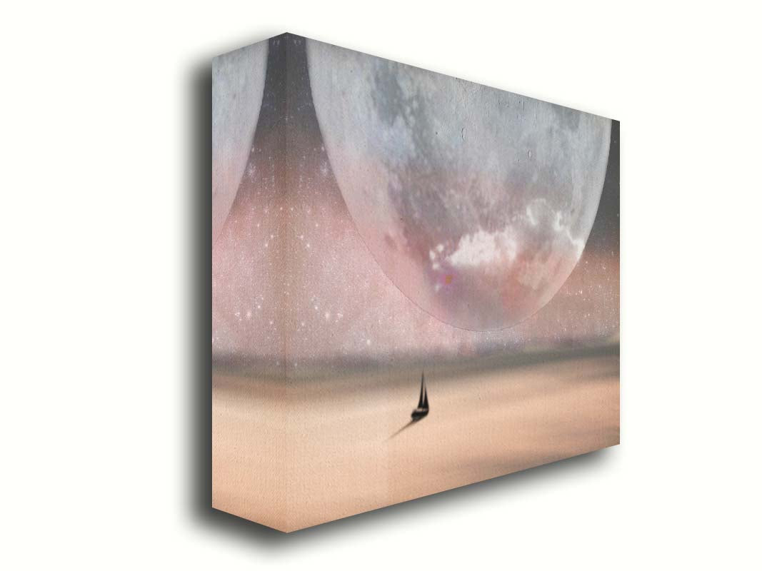 An image in pinks and grays of a sailboat crossing smooth water under a starry sky. The moon is enlarged and takes up most of the sky. Printed on canvas.