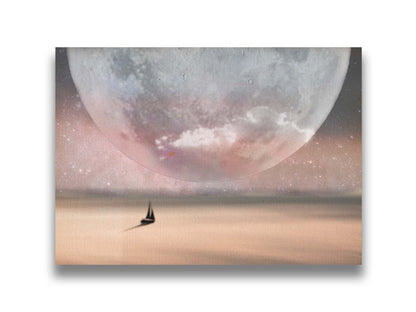 An image in pinks and grays of a sailboat crossing smooth water under a starry sky. The moon is enlarged and takes up most of the sky. Printed on canvas.