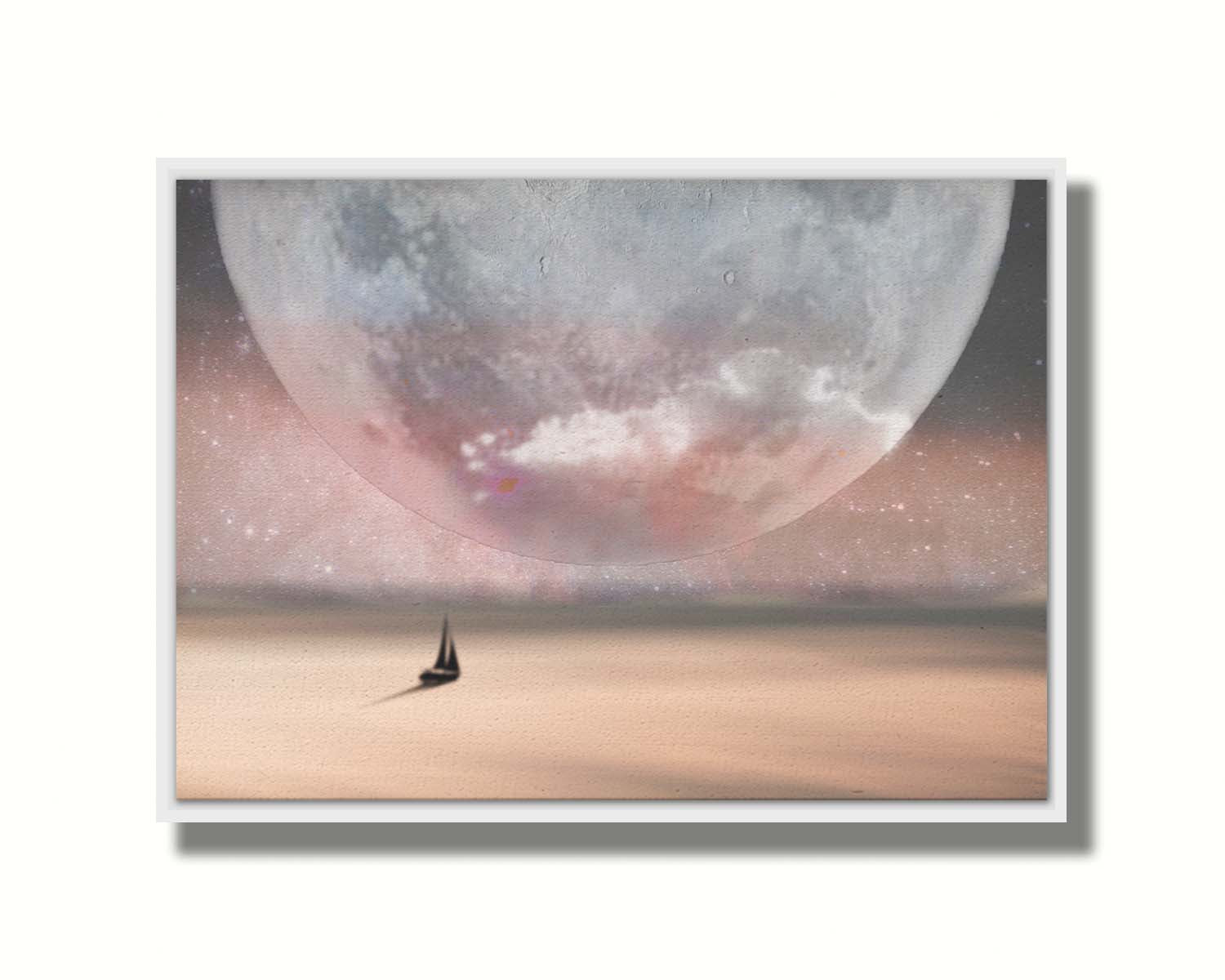 An image in pinks and grays of a sailboat crossing smooth water under a starry sky. The moon is enlarged and takes up most of the sky. Printed on canvas in a float frame.