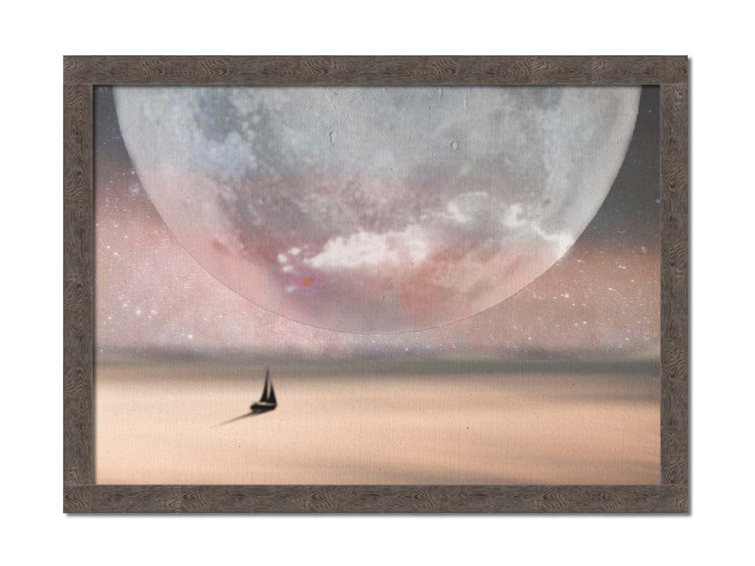 An image in pinks and grays of a sailboat crossing smooth water under a starry sky. The moon is enlarged and takes up most of the sky. Printed on canvas and framed.