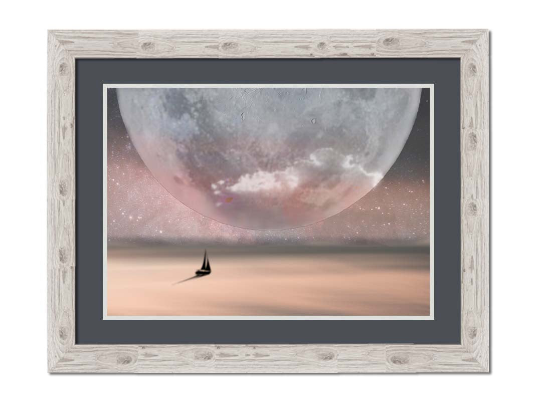 An image in pinks and grays of a sailboat crossing smooth water under a starry sky. The moon is enlarged and takes up most of the sky. Printed on paper, matted, and framed.