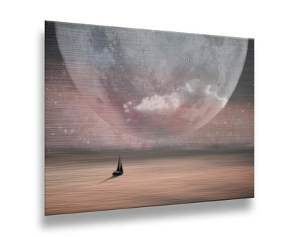 An image in pinks and grays of a sailboat crossing smooth water under a starry sky. The moon is enlarged and takes up most of the sky. Printed on metal.