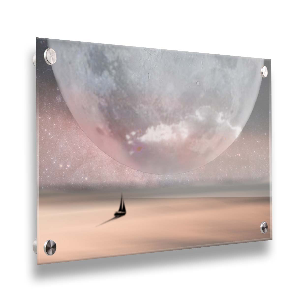 An image in pinks and grays of a sailboat crossing smooth water under a starry sky. The moon is enlarged and takes up most of the sky. Printed on acrylic.