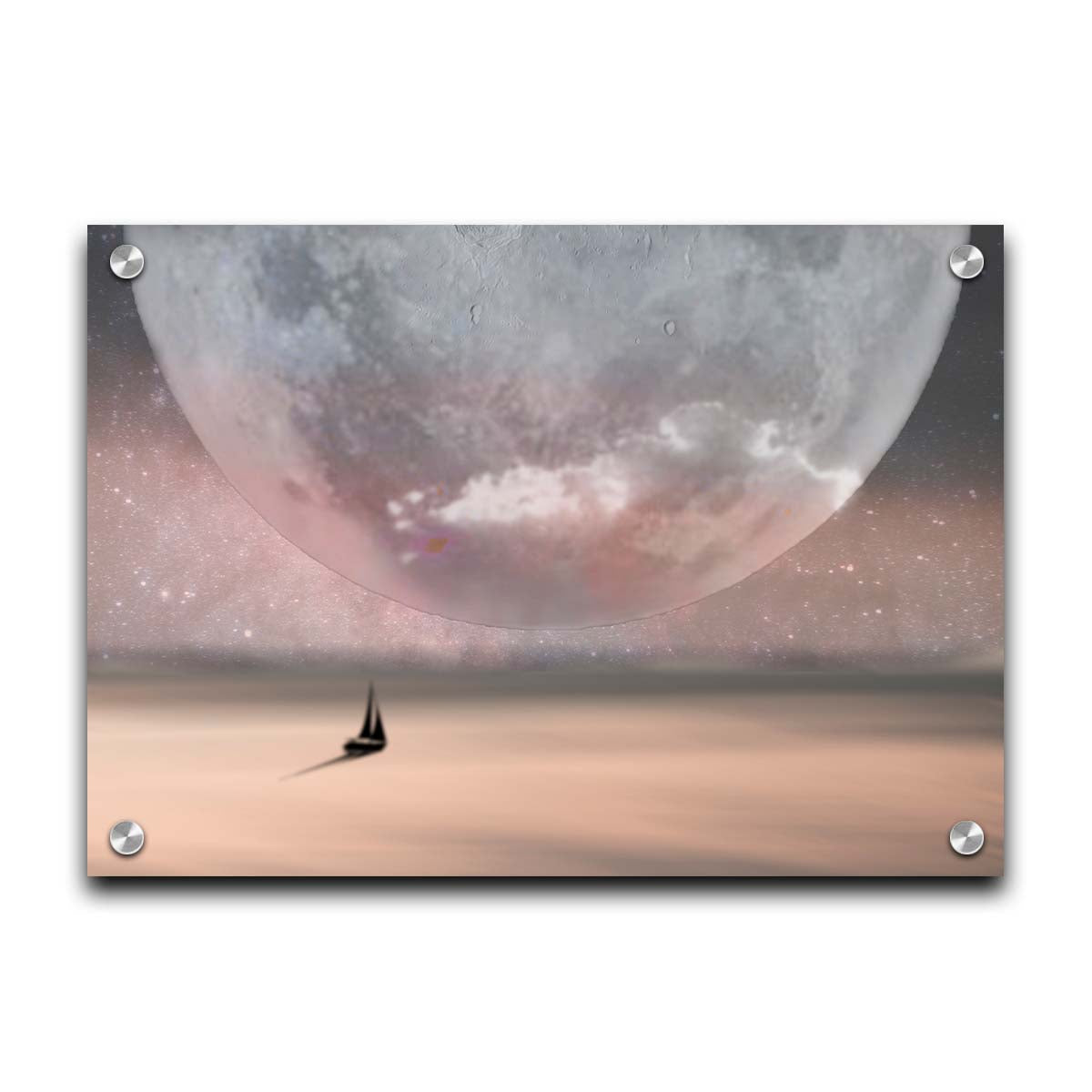 An image in pinks and grays of a sailboat crossing smooth water under a starry sky. The moon is enlarged and takes up most of the sky. Printed on acrylic.