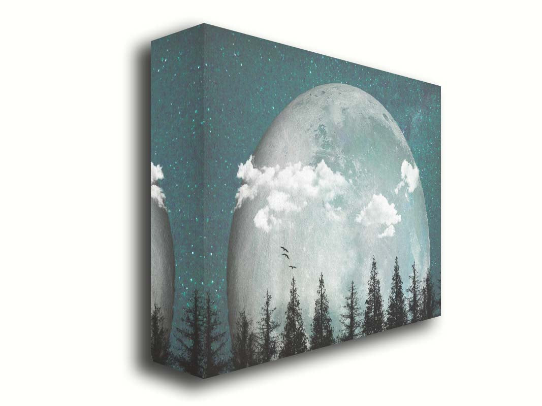 An edited collage of photos depicting an oversized moon over a silhouetted evergreen forest at night. A few clouds and bids pass across the scene. Printed on canvas.