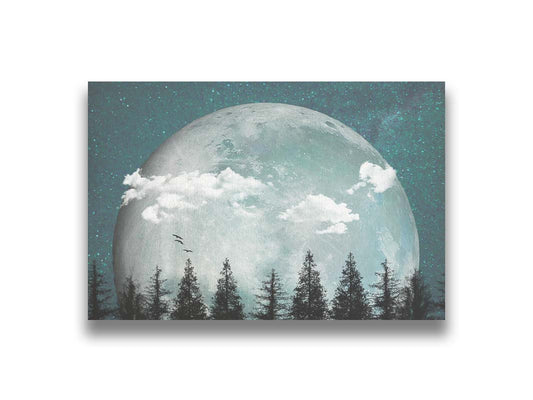 An edited collage of photos depicting an oversized moon over a silhouetted evergreen forest at night. A few clouds and bids pass across the scene. Printed on canvas.