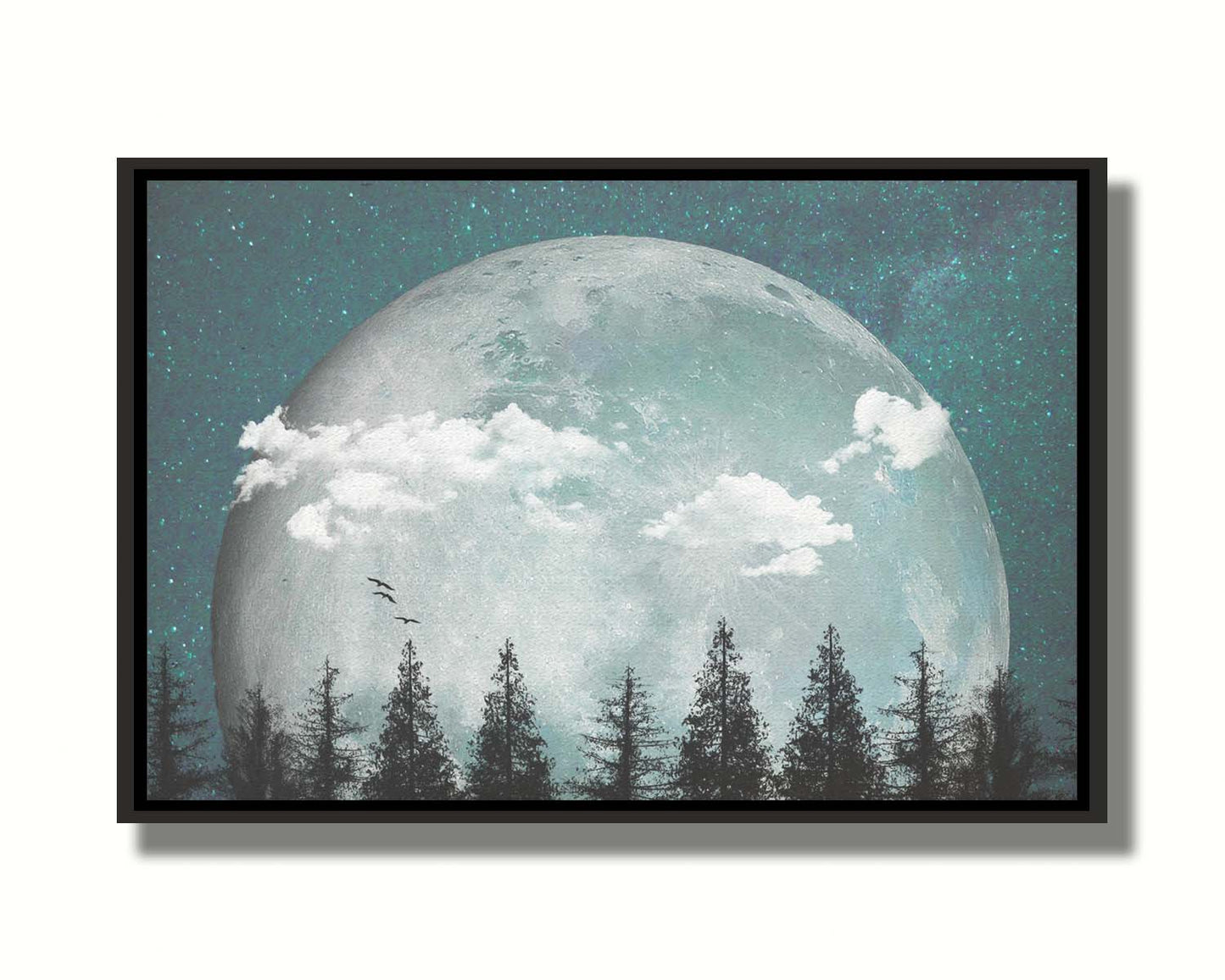 An edited collage of photos depicting an oversized moon over a silhouetted evergreen forest at night. A few clouds and bids pass across the scene. Printed on canvas in a float frame.