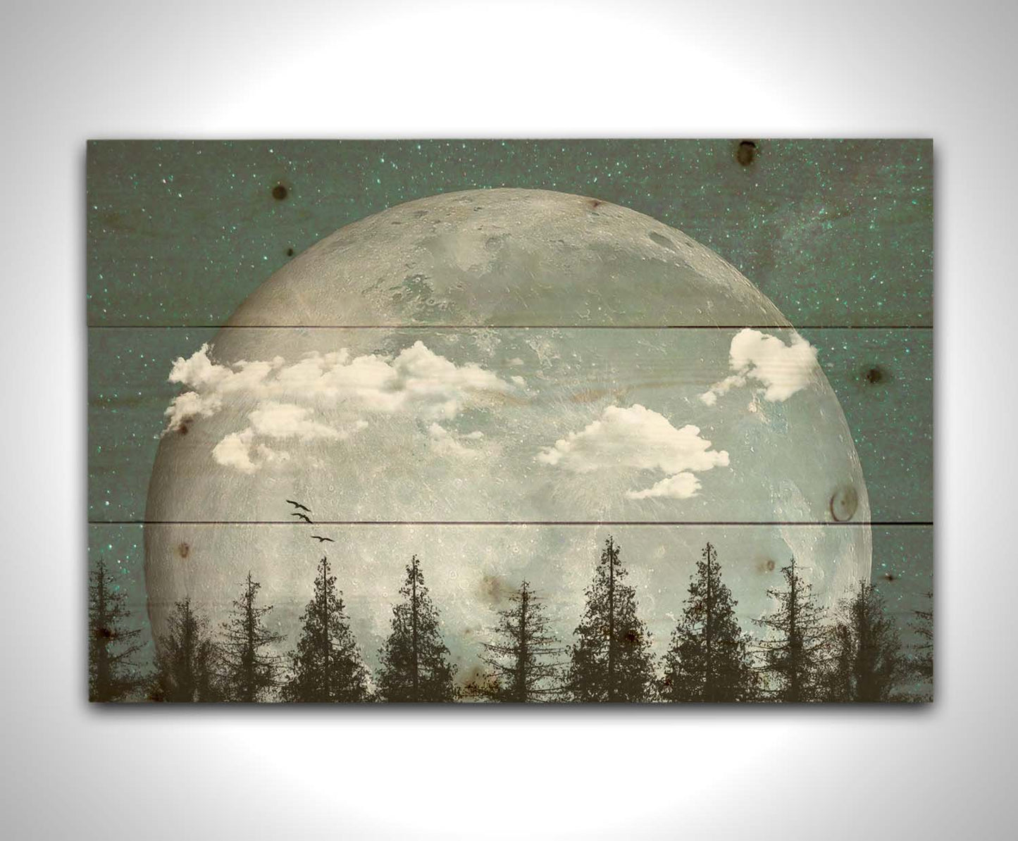 An edited collage of photos depicting an oversized moon over a silhouetted evergreen forest at night. A few clouds and bids pass across the scene. Printed on a wood pallet.