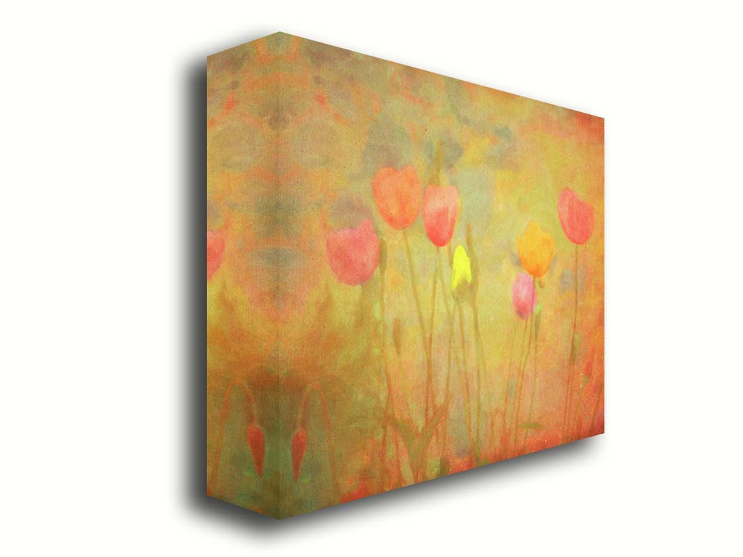 A photograph of tulips, edited with a dreamlike quality. The background is a blend of warm colors, abstracted and painterly. Printed on canvas.