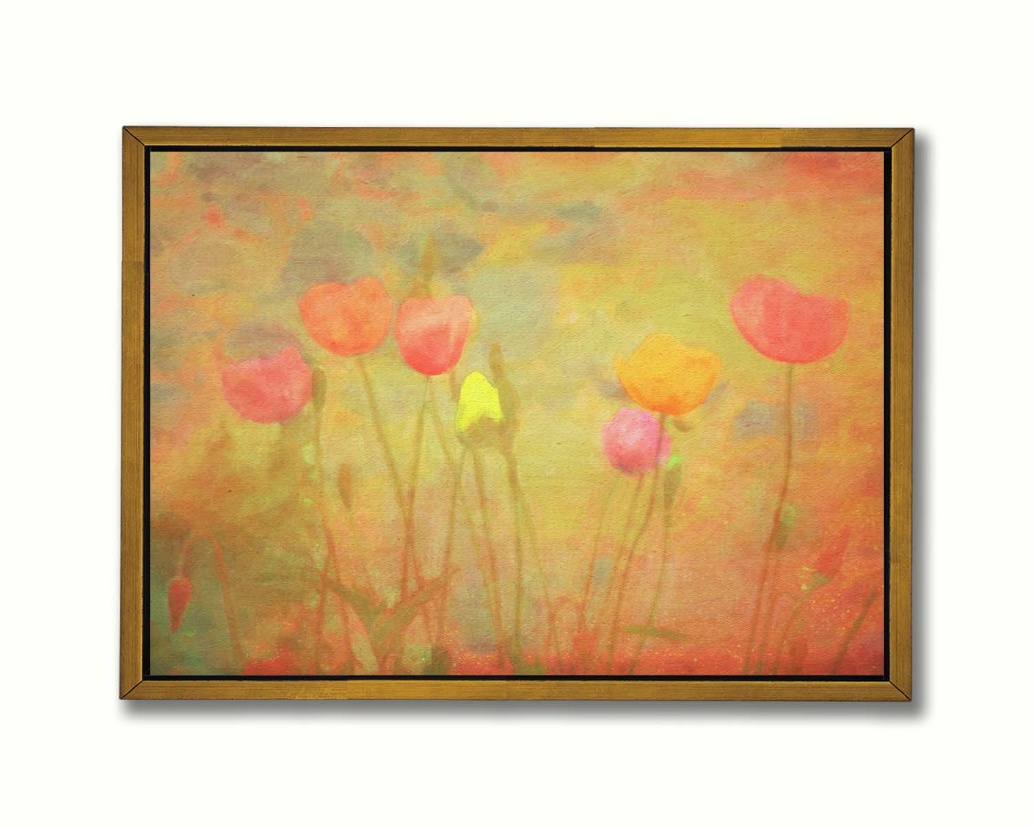 A photograph of tulips, edited with a dreamlike quality. The background is a blend of warm colors, abstracted and painterly. Printed on canvas in a float frame.