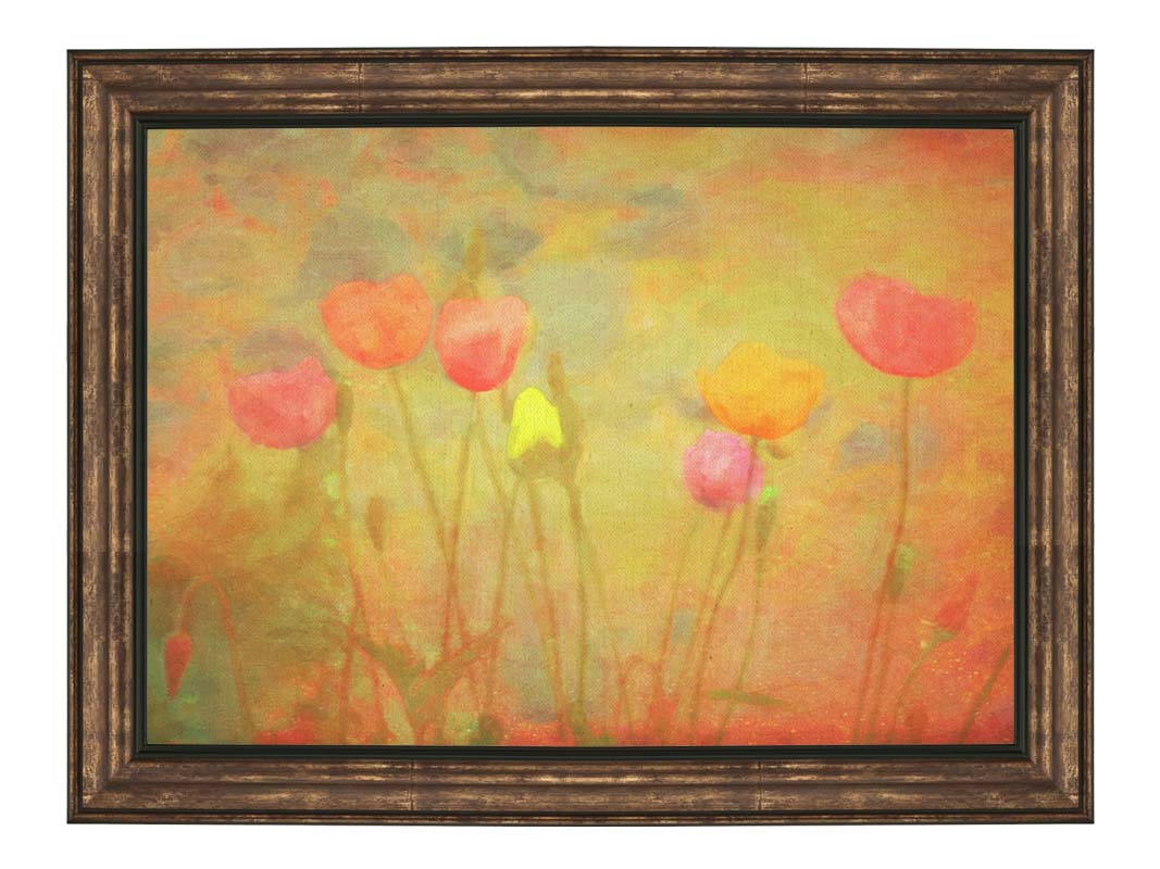 A photograph of tulips, edited with a dreamlike quality. The background is a blend of warm colors, abstracted and painterly. Printed on canvas and framed.