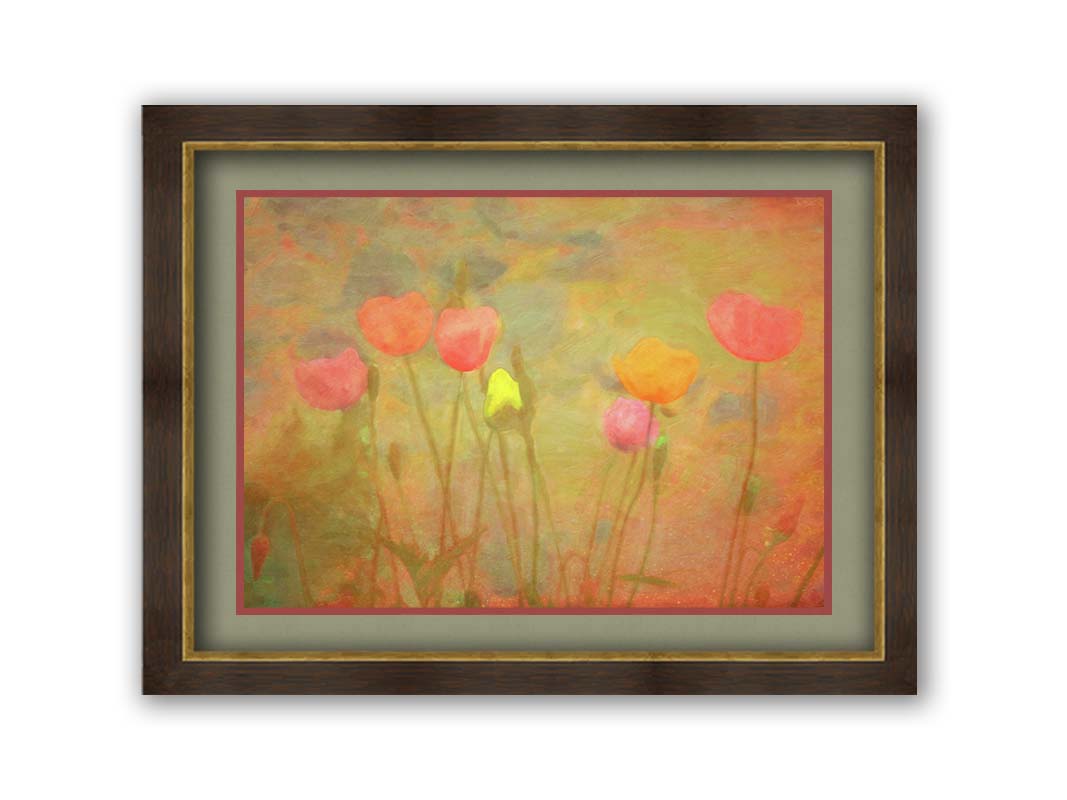 A photograph of tulips, edited with a dreamlike quality. The background is a blend of warm colors, abstracted and painterly. Printed on paper, matted, and framed.