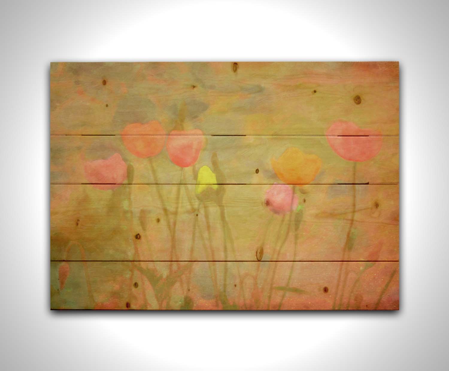 A photograph of tulips, edited with a dreamlike quality. The background is a blend of warm colors, abstracted and painterly. Printed on a wood pallet.