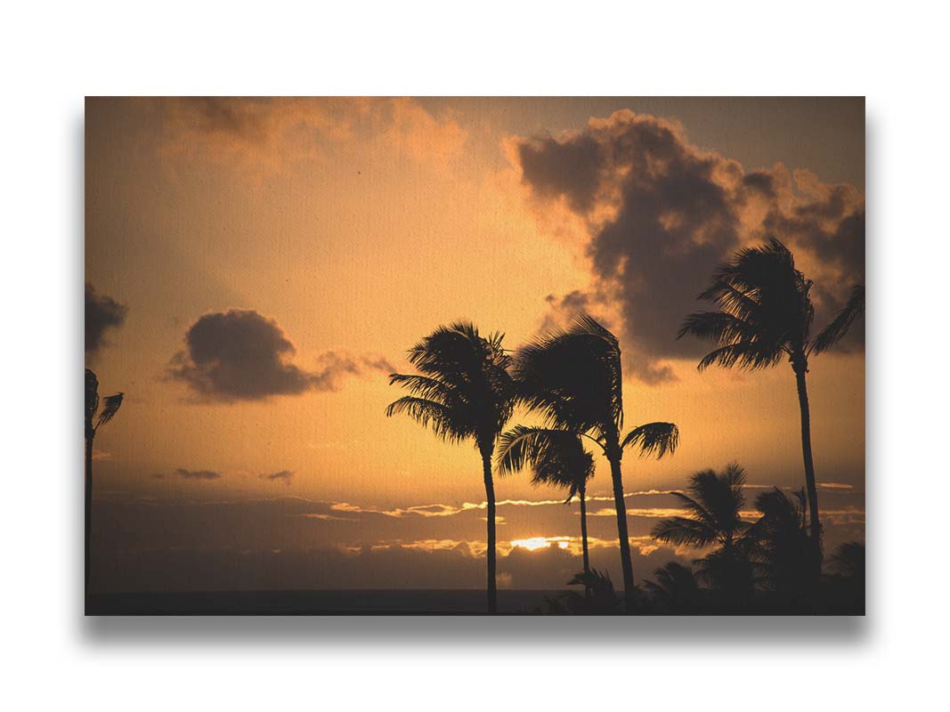 A photo of palm trees in Maui silhouetted by the setting sun, with the sea in the background. Printed on canvas.