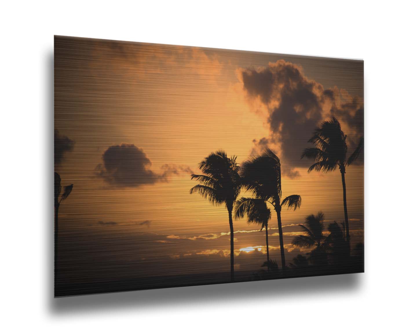 A photo of palm trees in Maui silhouetted by the setting sun, with the sea in the background. Printed on metal.