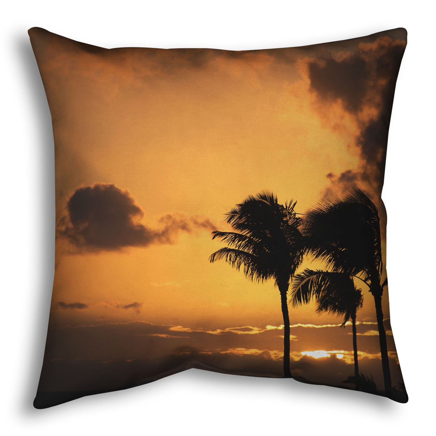 A throw pillow designed with a photo of palm trees in Maui silhouetted by the setting sun, with the sea in the background.