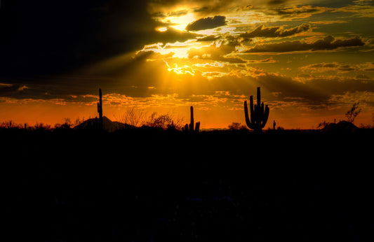 A photo of a sunset over the desert in Arizona, the landscape shadowed in black against the orange and yellow sky. 
