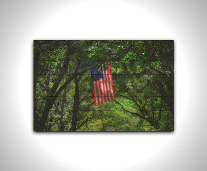 A photo of an american flag hanging from a tree branch, surrounded by greenery. Printed on a wood pallet.